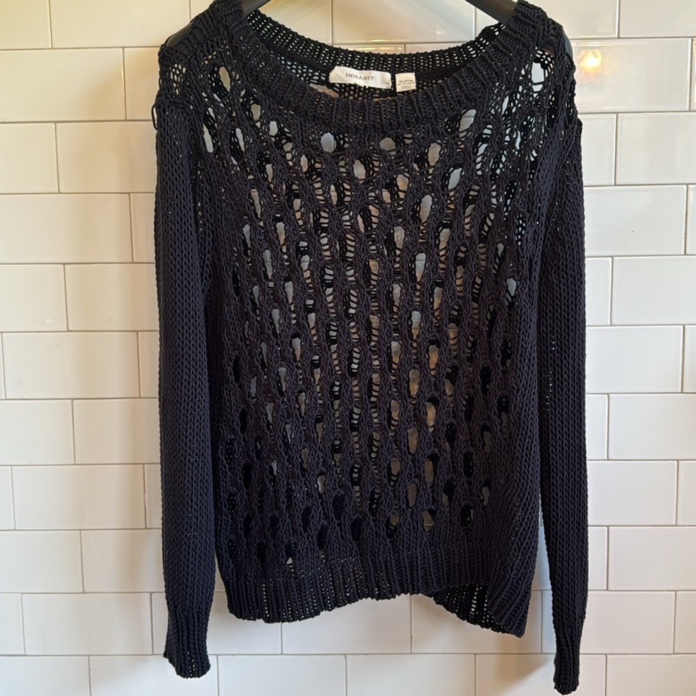 Inhabit Black Crew Neck Cotton Sweater Open-Knit/ Fish Net Design size M